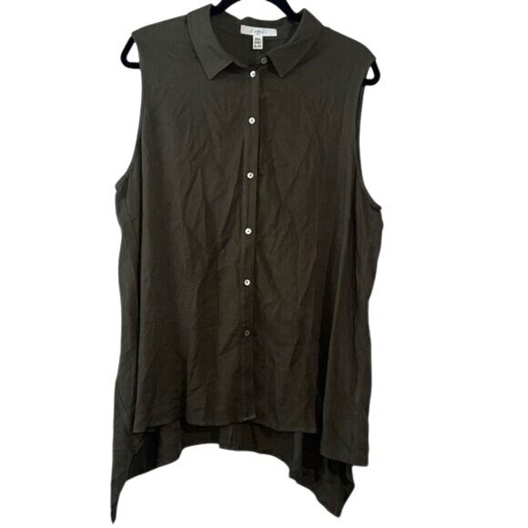 Fever Womens Sleeveless Button-Down Tunic Top Asymmetrical Hem Olive Green XL - Picture 2 of 8